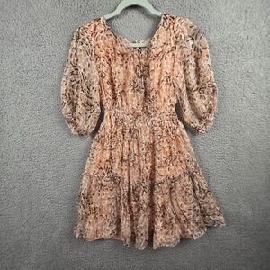 Max C Dress Womens Small Beige Animal Print Silk Chiffon Puff Sleeve Fit & Flare